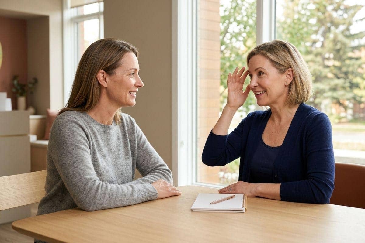 Two adults sit at a table by a window, smiling; one cups a hand near an ear while listening. A notebook and pen lie between them.